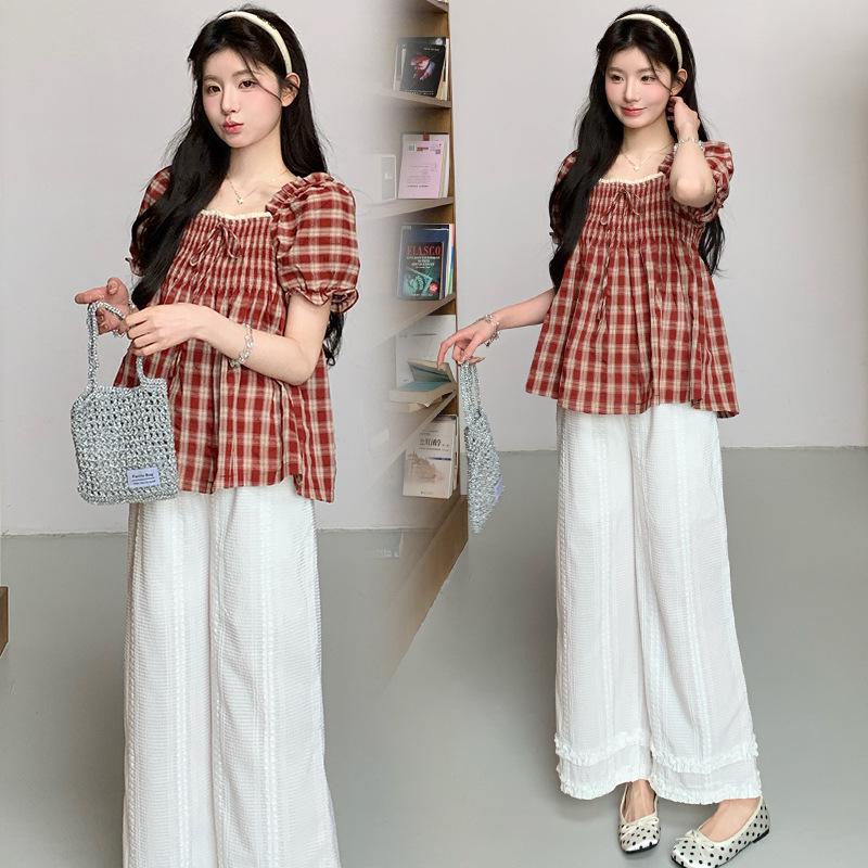 2026 Puff Sleeve Maternity Top & Textured White Pants Set, Slimming Square Neck Design M