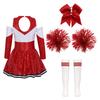 Mädchen Langarm Kontrastfarbe Glitzernde Pailletten Cheerleading Kleid Schleife Kopfschmuck Handblumen Gestreifte Socken Performance Set