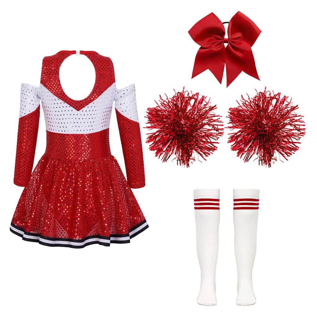 Mädchen Langarm Kontrastfarbe Glitzernde Pailletten Cheerleading Kleid Schleife Kopfschmuck Handblumen Gestreifte Socken Performance Set