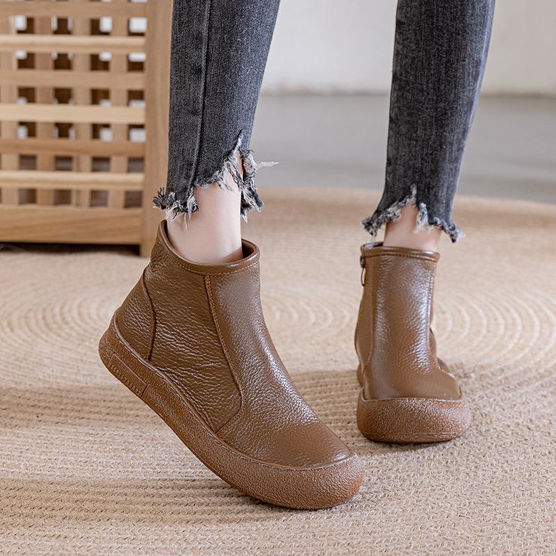 Leather round head short boots flat bottom comfortable retro zipper versatile soft bottom non-slip Martin boots