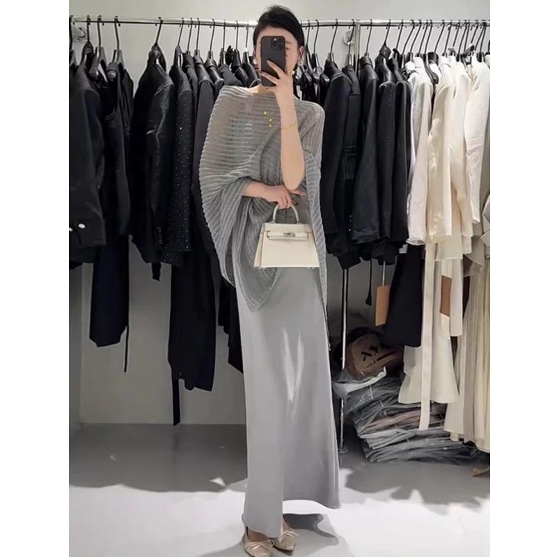 Summer Knitted Sunscreen Women Blouse Hollow Out See Through Pullover Sweater Bat Sleeve Shawl Top Loose Casual Simple Covers Up Irregular Long Shirt
