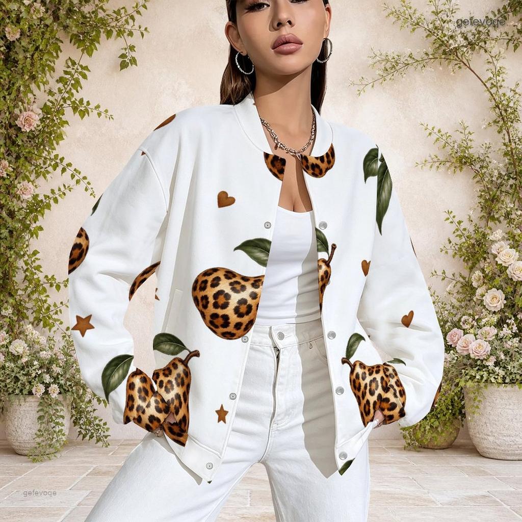 Women Plus Size Baseball Collar Printed Long Sleeve Button Front Varsity Jacket White With Pockets