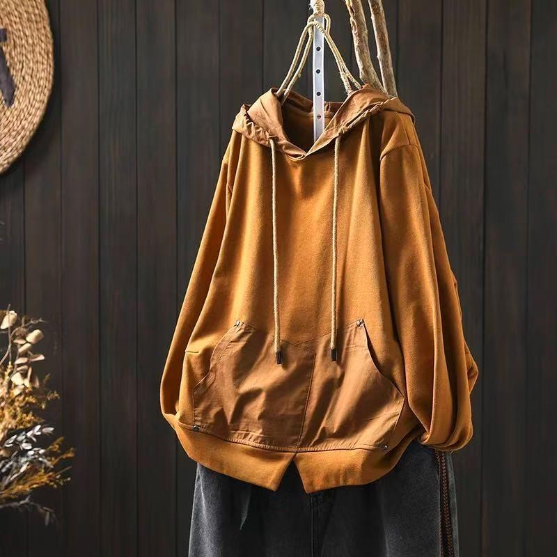 Johnature Women Vintage Hooded T-Shirts Solid Color Patchwork Pockets Autumn Long Sleeve Loose Casual T-Shirts