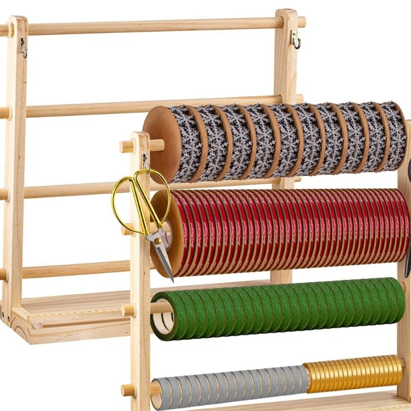 4 Tiered Wood Ribbon Holder with Hanging Hook Wood Scale Ruler Storage Ribbon Spool Holder Sewing Supply Organizers