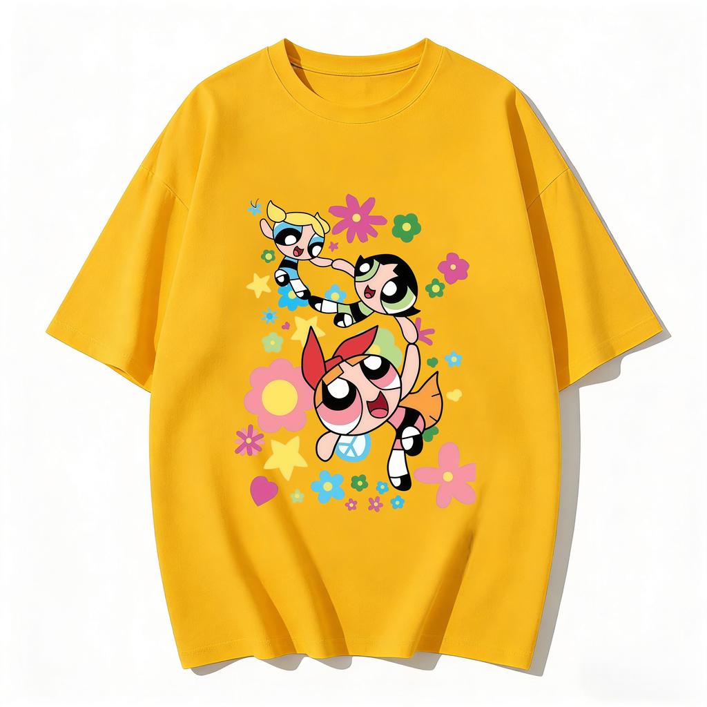 2026 Sommer Niedliche Powerpuff Girls Familien-Matching T-Shirts Cartoon-Druck Baumwoll-T-Shirts Lässige Kurzarm-Oberteile für Kinder und Erwachsene