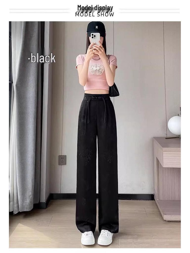Women's Satin Jacquard Straight Leg Pants - Summer, High-End, Thin, New Chinese Style, Ice Silk, Narrow, Wide Leg.