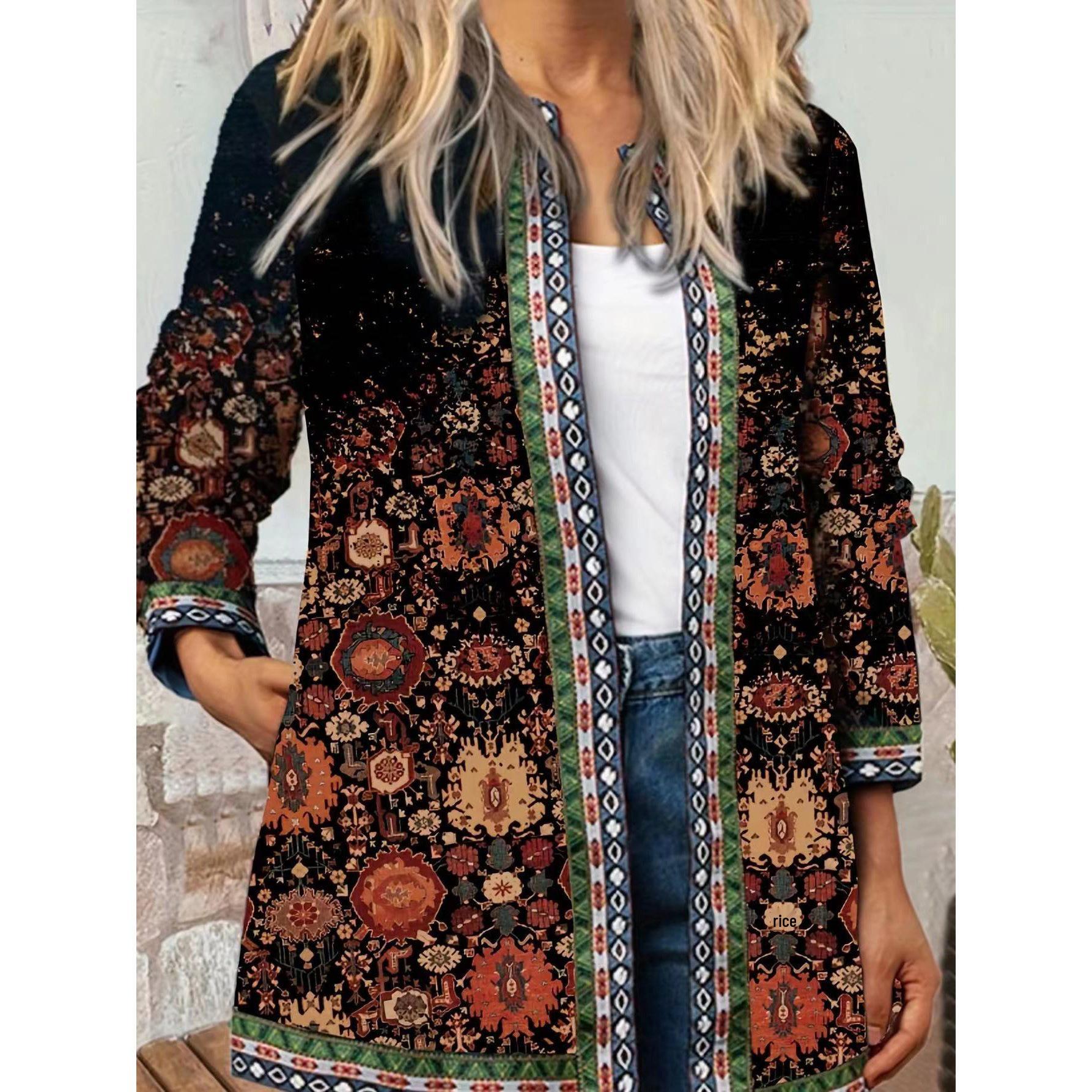 

Women s Plus Size Windproof Cardigan – Long Sleeve, New 2023 Retro Ethnic Print for Autumn/Winter. XXL темно-коричневого кольору