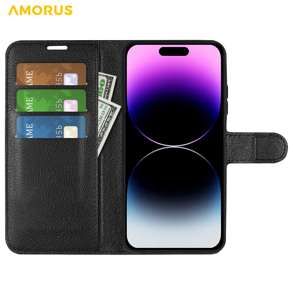 For iPhone 15 Pro Max Wallet Case Litchi Texture Shockproof Leather Flip Stand Phone Cover