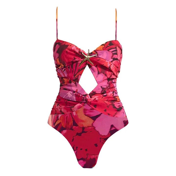 

Swimsuit new green ink print tube top ruffle edge one-piece swimsuit suit women XL