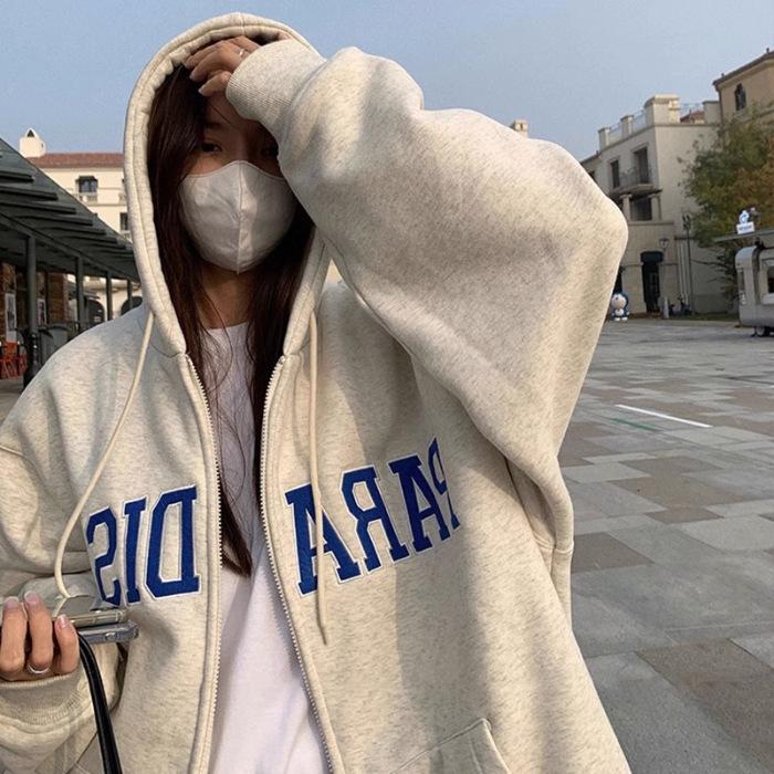 Women's Hooded Long Sleeve Zip Up Hoodie Oversized Fit Streetwear Letter Embroidery Polyester Casual Fall Sweatshirt Couple Jacket