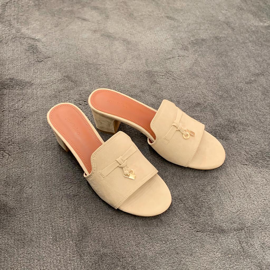 Grape mother same loose old money fringed lock versatile word with thick heel sandals round head versatile high heel slippers