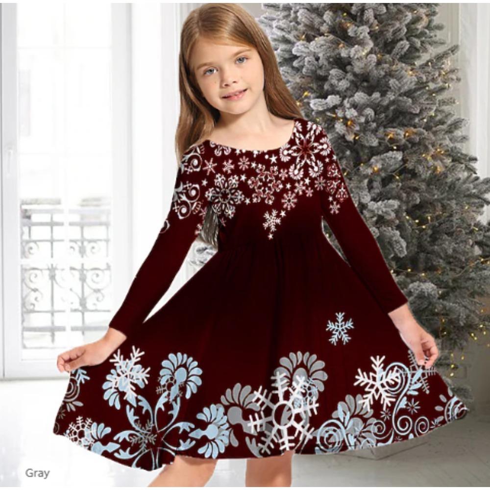 Girl Casual 3D Snowflake Print Round Neck Long Sleeve Dress Kid Princess Dress