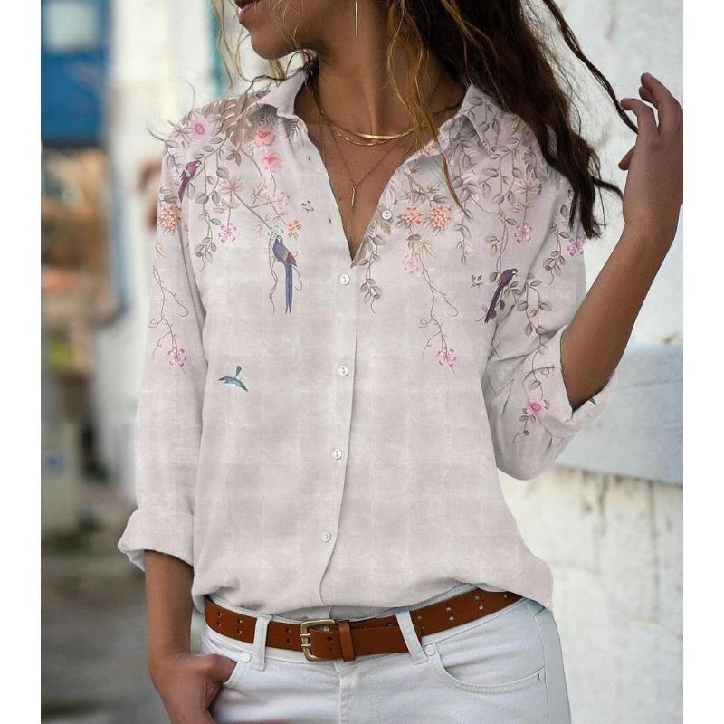 

women s Loose Fit Floral Print Turn Down Collar Long Sleeve Blouse Casual Button Down Shirt Top S розовый