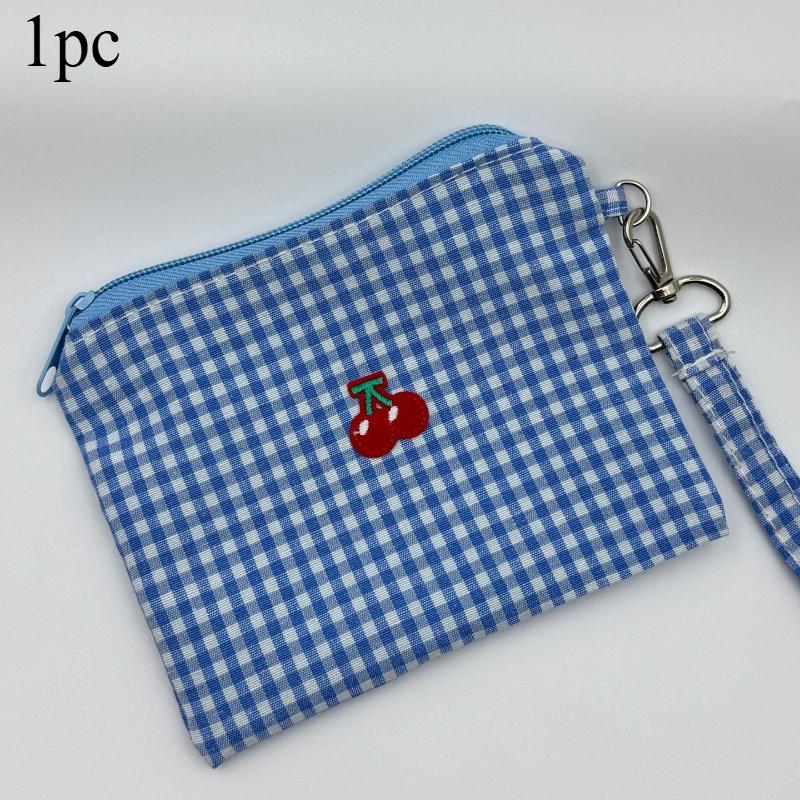 Red Cherry Canvas Makeup Bag Portable Easy To Carry Red Plaid Large Capacity Cosmetic Lipstick Storage Bag Travel Accessories
