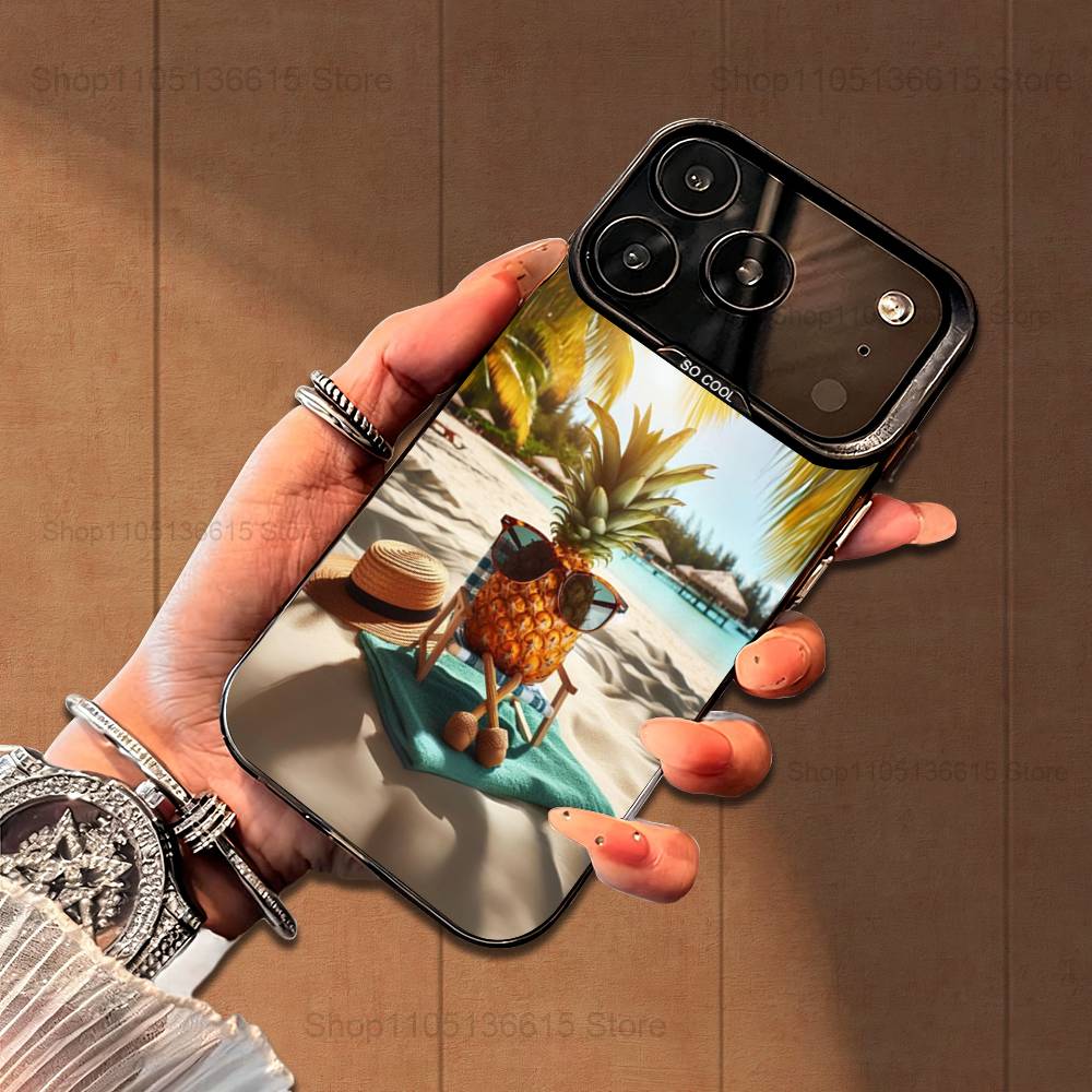 Cute Pineappl Art Fruit  Case For iPhone 16,15,14,17,13,12,11,Mini,Pro,SE,XS,MAX,Black Matte Silicone Cover