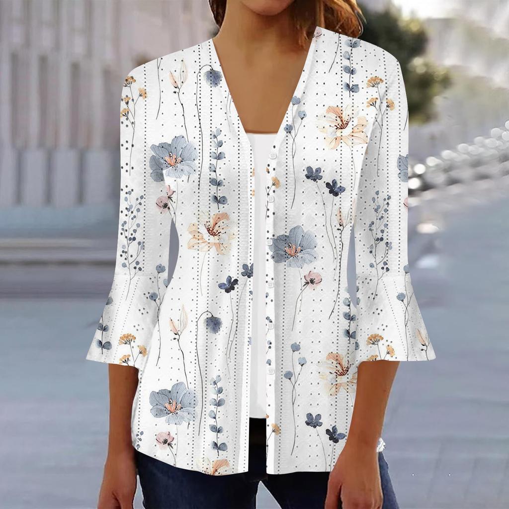 Women's Fashion Loose Casual Printed Three-quarter Sleeve Button Shirt Cardigan Top