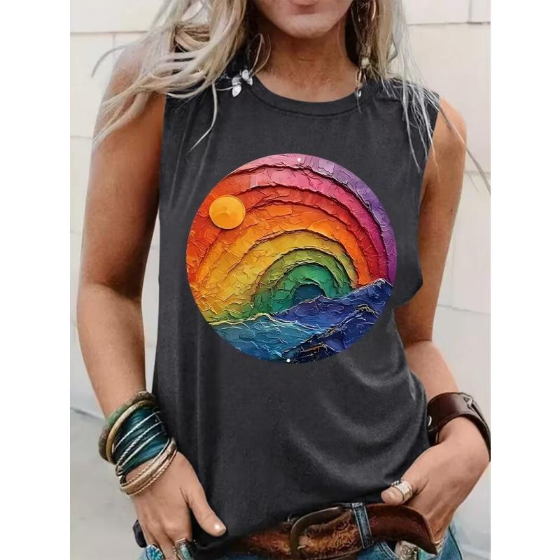 Women's Printed Tank Top T-shirt with Patterned Short Sleeves, Women's Sleeveless Round-neck T-shirt
