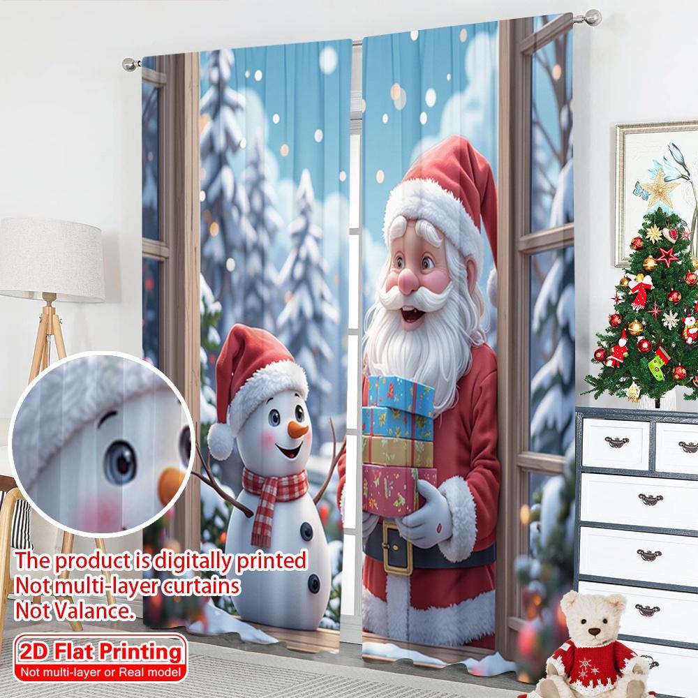 2 Stück 2D Flachdruck Weihnachtsfenstervorhänge Weihnachtsmann Schneemann Winter Weihnachten Polyester Ohne Strom 0 Perfekt für