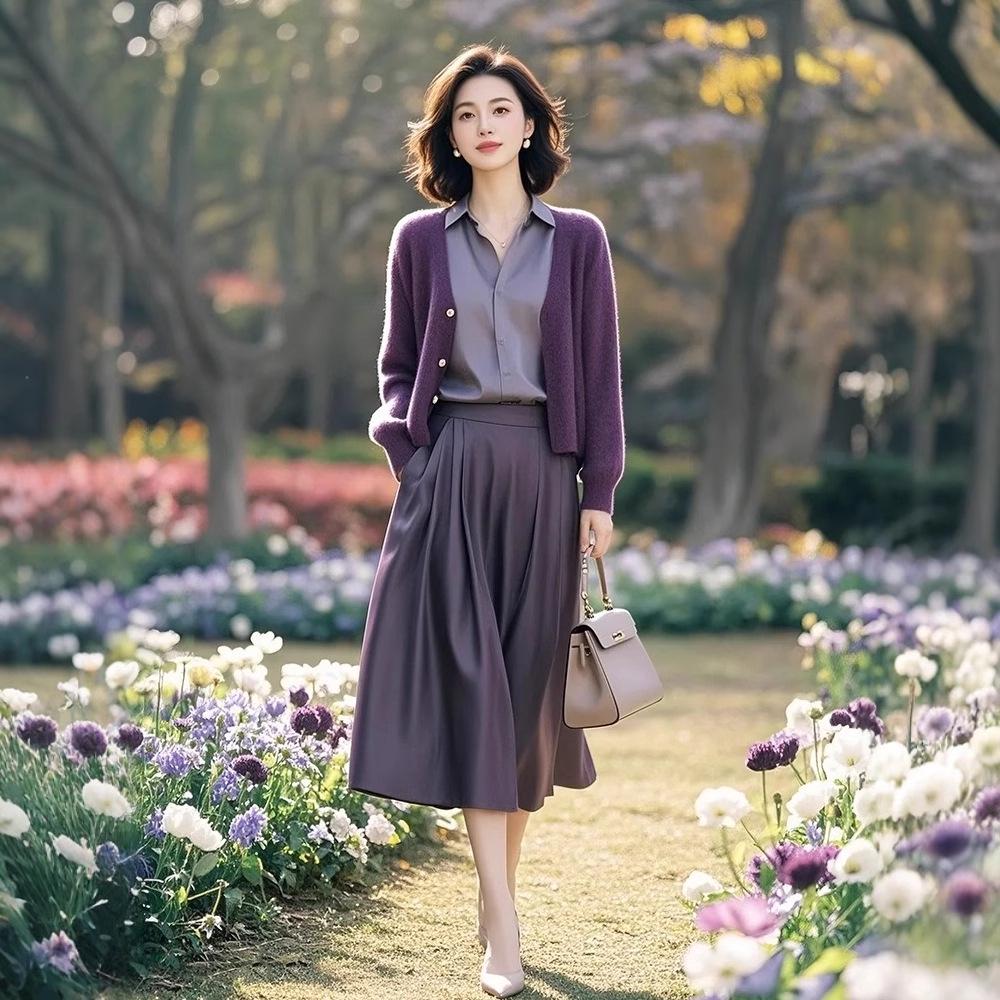 Trendy European Purple Knit Cardigan & Midi Skirt Three-Piece Set for Women