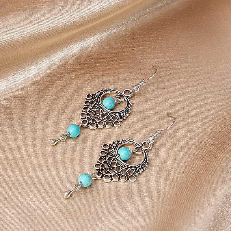 Turquoise Earrings, Vintage Owl Geometric Dream Catcher Feather Fringed Earrings Female