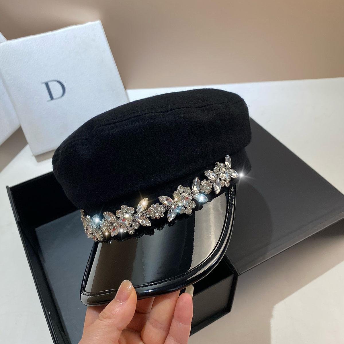 Парижская Мода Легкая Роскошь Стразы Шерстяная Темно-Синяя Шляпа, Высококачественная Яркая Кожаная И Шерстяная Шляпа-Кепи Для Женщин Adjustable