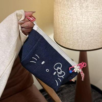 Cute Denim Hello Kitty Cosmetic Bag  Cartoon Large Capacity Pencil Case Storage Bag Stationery Supplies Kawaii Girl Gift