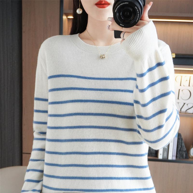 Women's Designer Striped Wool Knit Sweater - Contrasting Colors, Round Neck