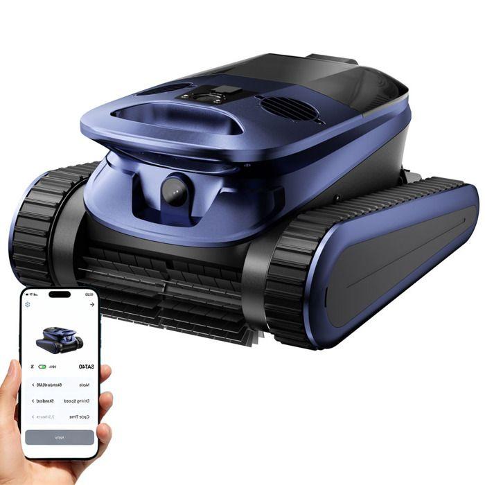 Robot Piscine sans Fil, 240Min&300m² d'Autonomie, Nettoyage Sol/Parois/Ligne d’eau, Double Filtration Ultra-Fine, Bac 3.7L avec APP