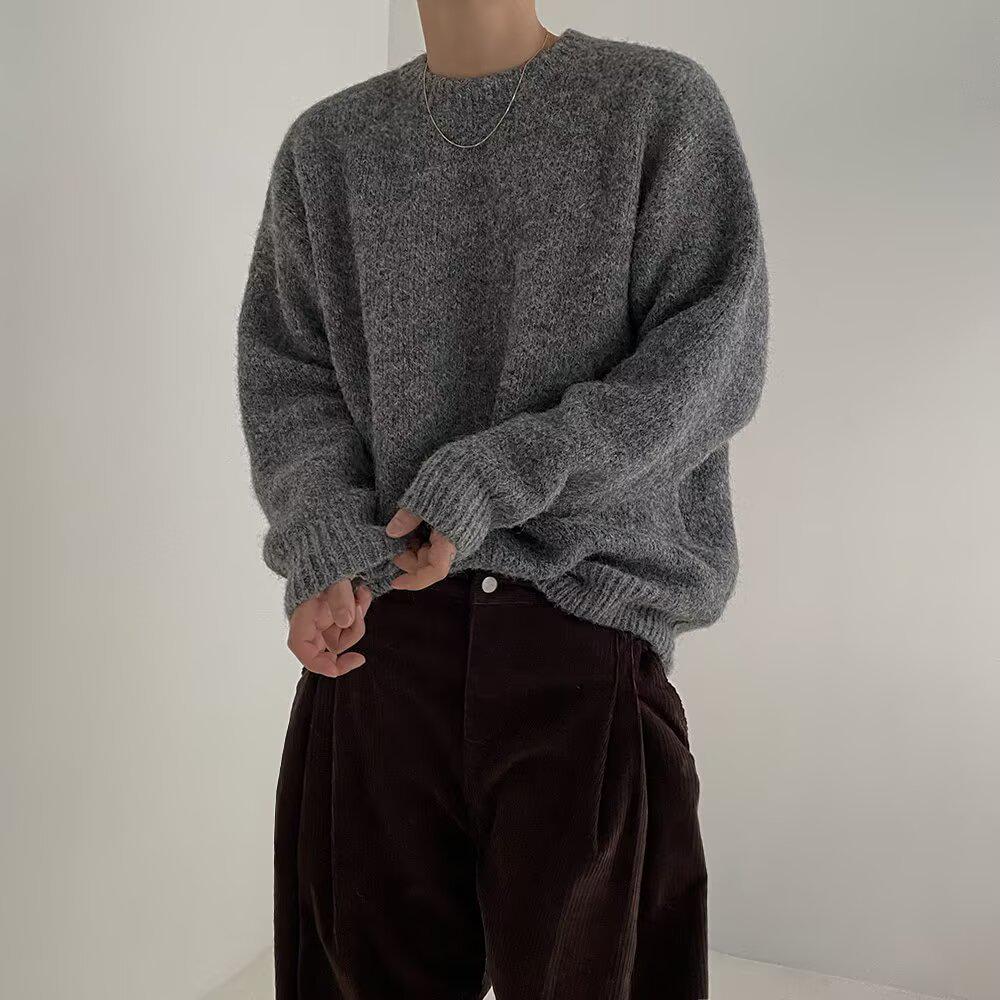 Men s Autumn Korean-Style Mohair Pullover: Trendy, Loose Round Neck Sweater L темно-серого