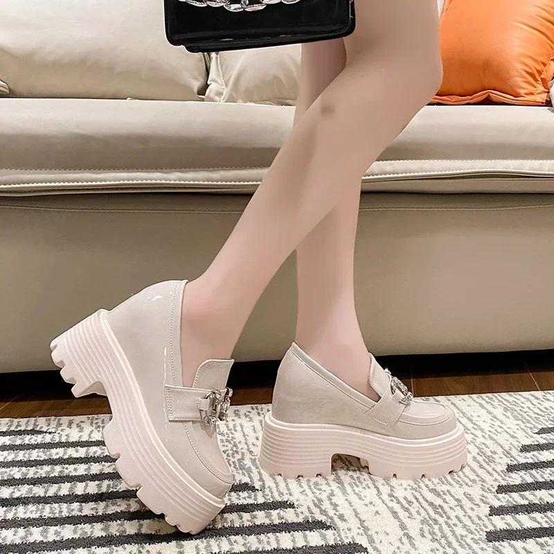 10CM New Autumn Heels Leather Chunky Shoes Women Diamonds High Platform Sneakers Black Tennis Female Vulcanized Shoes Woman