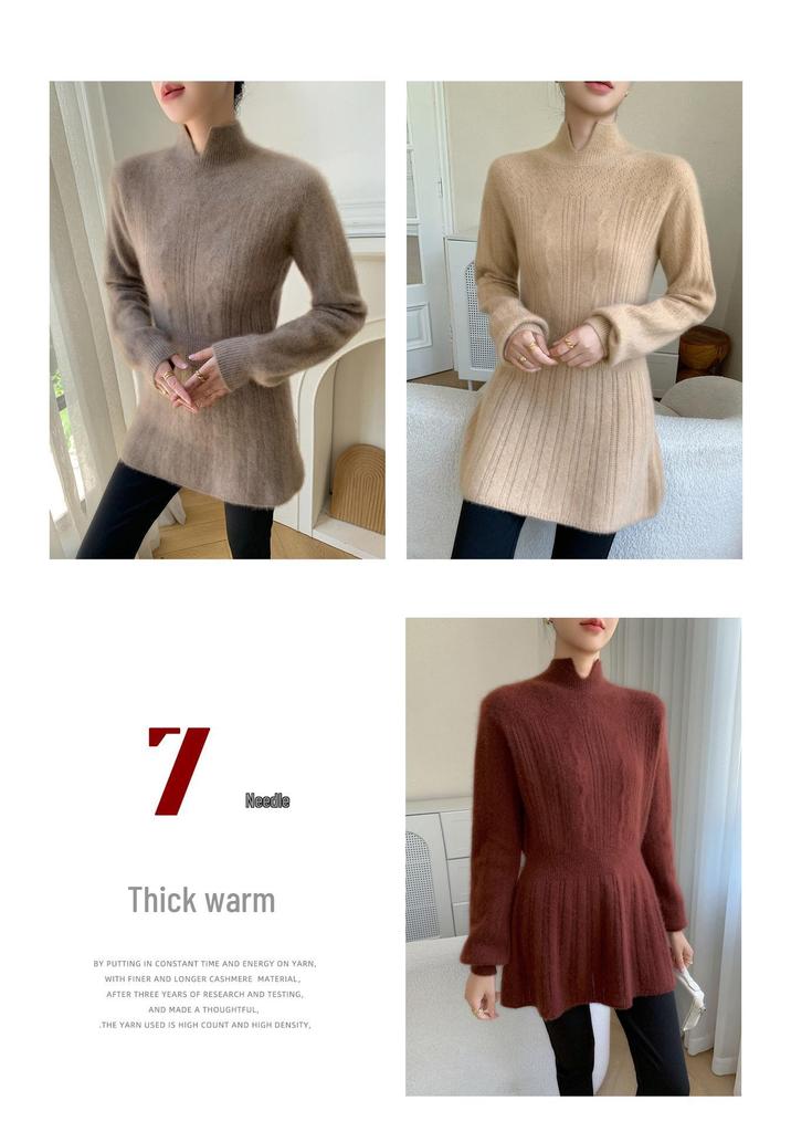 Elegant Hip-Length Cashmere Sweater Dress - 2025 Autumn/Winter Collection, Women's Slimming Knit Pullover.