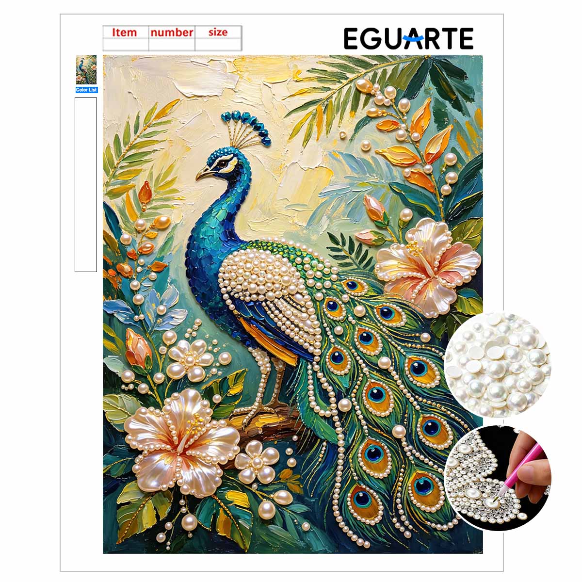 Kit de Peinture sur Toile DIY Perles nacrées sans Cadre Motif Paon Créatif Relaxant Loisir Créatif Décoration Maison Cadeau Adulte 40x50cm beige