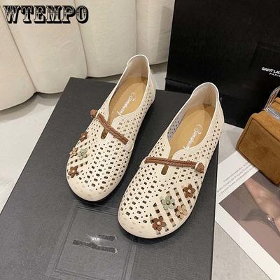 Ausgehöhlte, flache Unterseite, rutschfeste Belüftung, Damen-Sandalen im Retro-Nationalstil, runde Zehen, Loch-Schuhe, weiche Lederschuhe für den Sommer