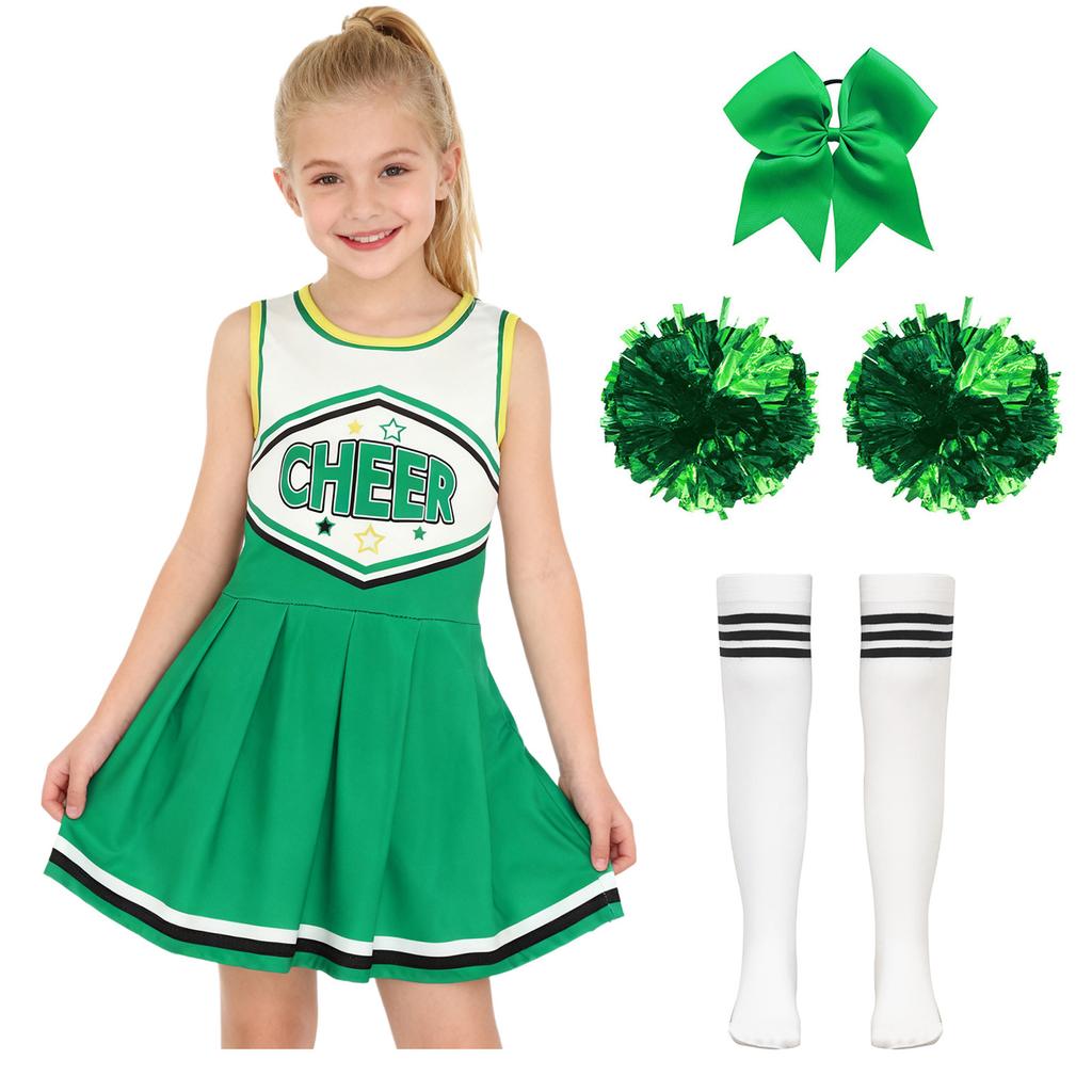 Vestito Completo Cheerleader per Ragazze Senza Maniche Gonna Pieghettata Stampa Lettere Fiori Pompom Accessori per Capelli Calzini a Tubo a Righe Costume Completo