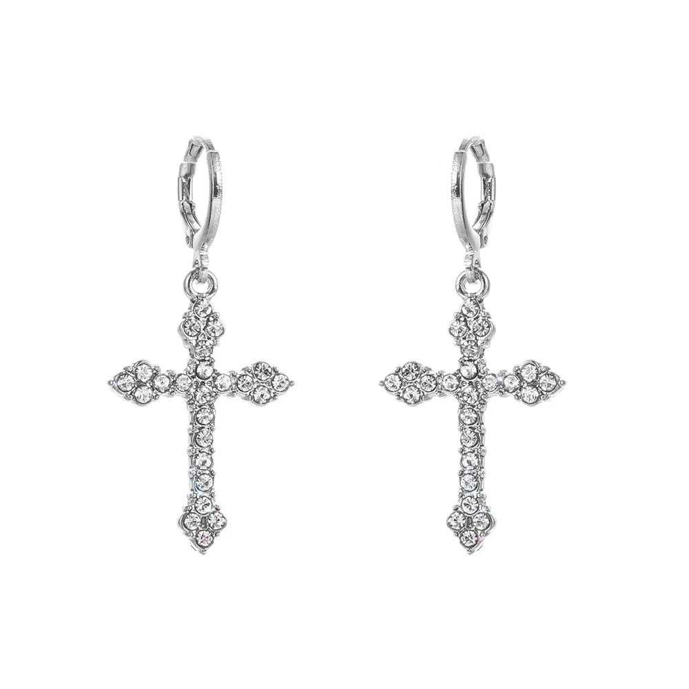 

Y2K Gothic Rhinestone Cross Earrings Kpop Zircon Cross Drop Earring for Women Shining Not Fading Water Diamond Metal Earrings