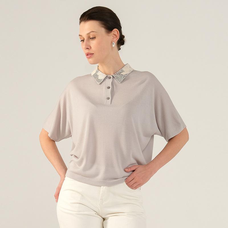 

Sequin Turn-Down Collar Knitted Polo Shirt - Women s Loose French Short-Sleeve Top, Spring/Summer Collection Large