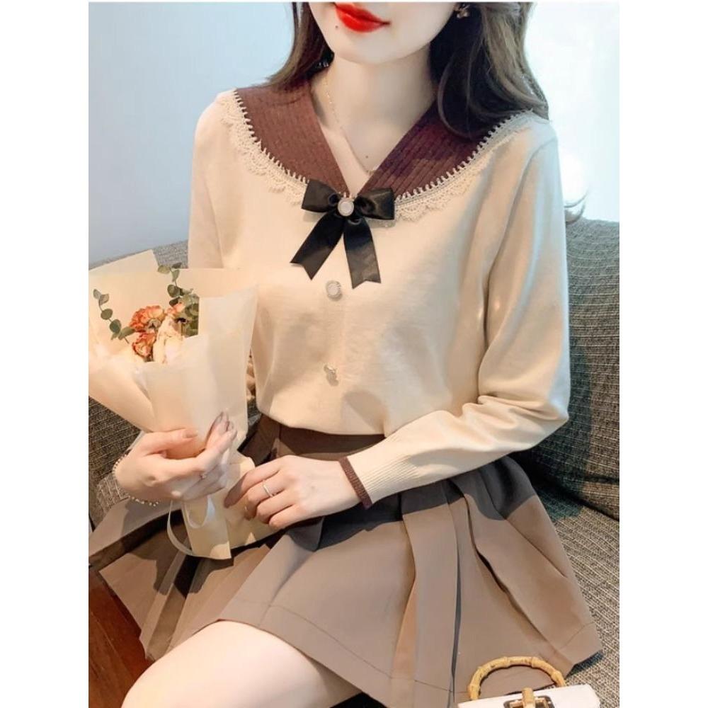 Bow Shaped Doll Neck Knitted Sweater for Women Long Sleeved New Versatile Fashion Base Shirt Anti-aging Top
