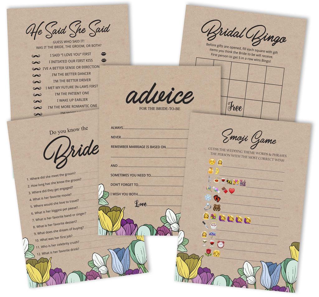Inkdotpot Bridal Shower Games Set of 5 (Activities for 50 Guests) Rustic Kraft Floral Theme Fun Bachelorette Party Games Set Bundle