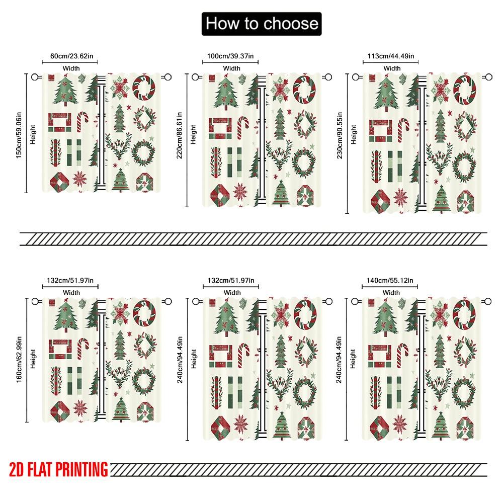 2pcs,2D Plane Printing Creative Curtains Christmas Trees Wreaths Bows Stars Durable 100% Polyester Fabric (without Rod) Holiday
