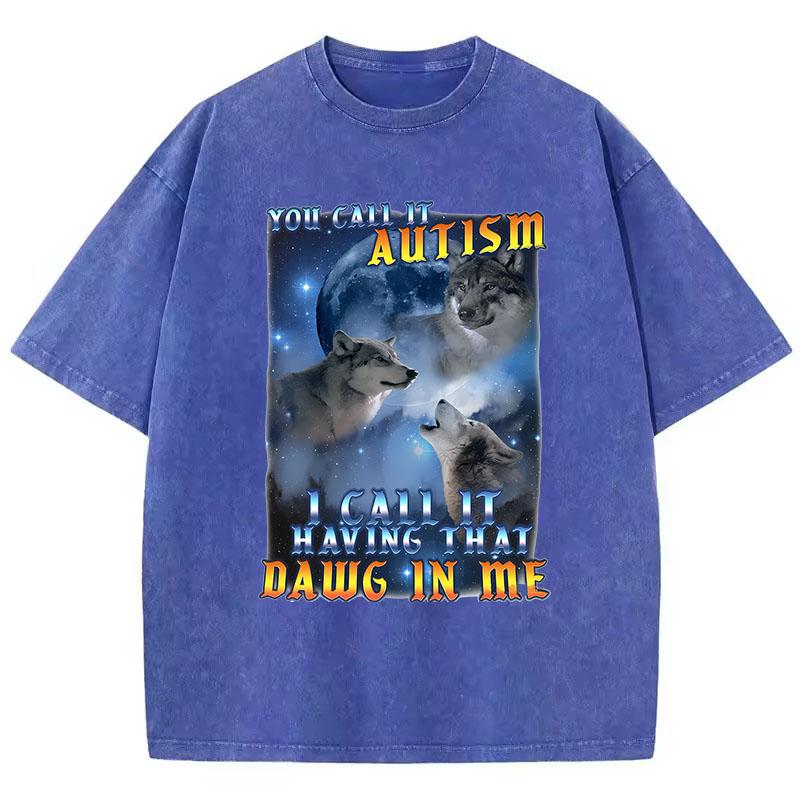 Retro Autism Wolf T Shirt Vintage Washed Cotton TShirt Graphic Tee Casual Streetwear for Spring Summer Fall