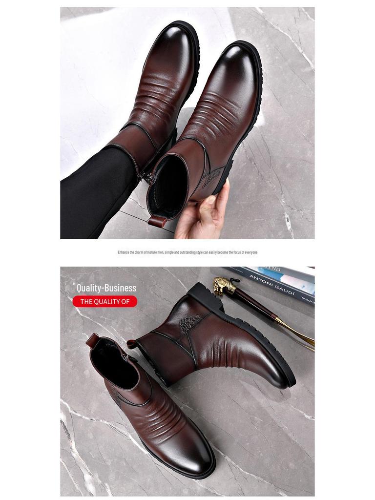 Men's Winter Casual Mid-High Martin Boots: Soft Leather, Comfortable, Fashionable, Side Zipper, Plus Velvet.