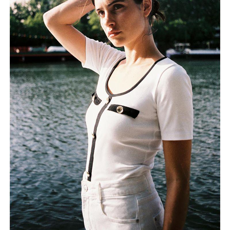 Summer New Product Women's Clothes Metal Button Decoration Silm Girls Contrast Color Decorative Layer round Neck Short Sleeve T-shirt 5644136