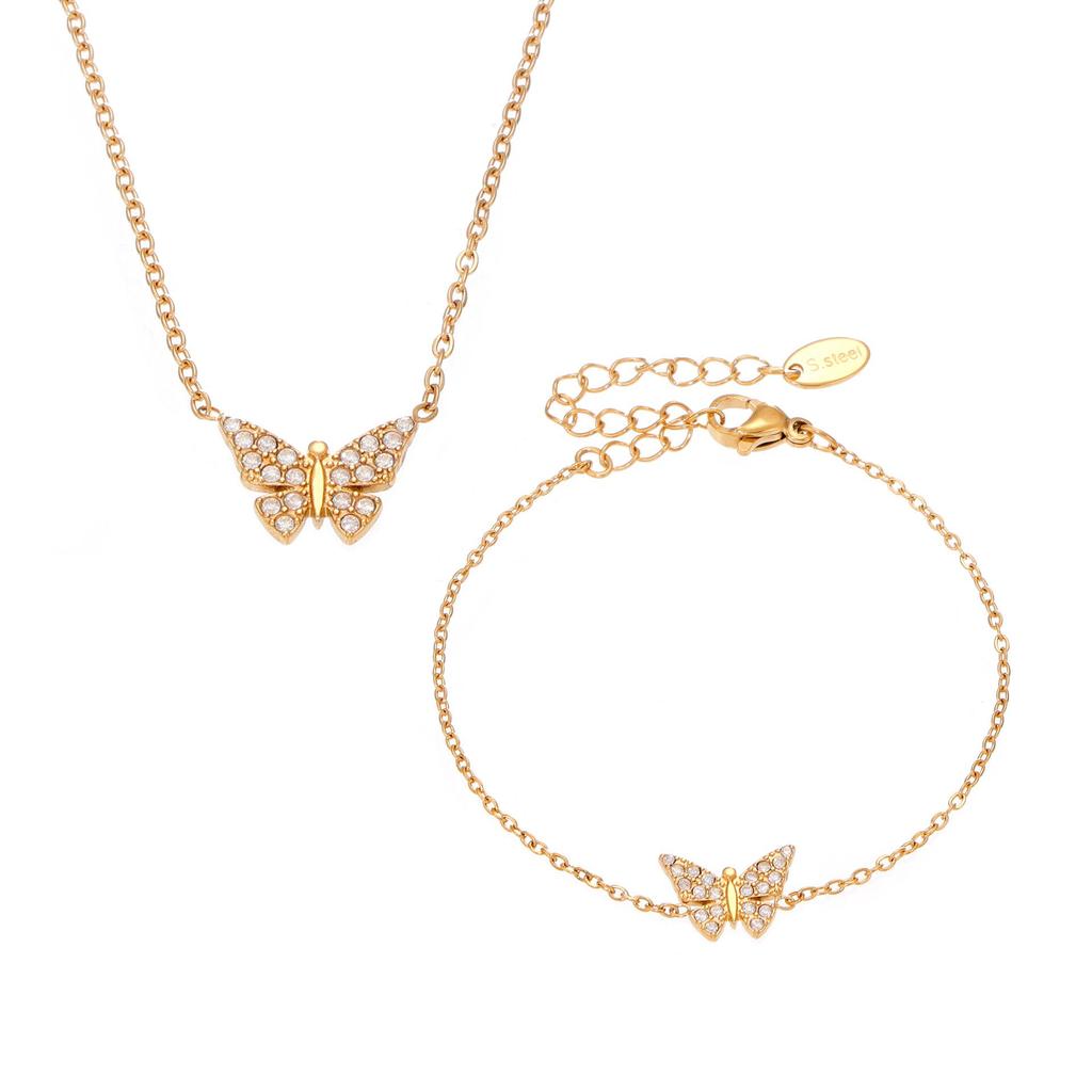 Oumaka Butterfly Zircon Clavicle Necklace & Bracelet Set - 5A Quality, Stainless Steel, Individual Design