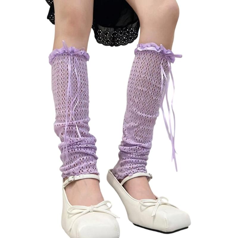 Hollowout Fishnet Lace Leg Warmers Arm Sleeves for Women Aesthetic Sheer Mesh Leg Covers with Ruffle Trim and Bowknot