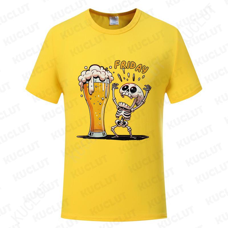 Fashion Men's T Shirt Skeleton Enjoying FRIDAY Beer Day Tees Funny Finally Friday for Drink Lover Male Clothes Short Sleeve Tops