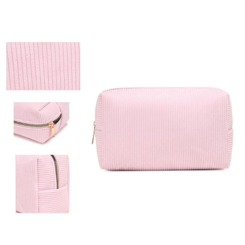 Portable Makeup Brush Tool Storage Bag with Zippered Corduroy Solid Color Cosmetic Bag Large Capacity Zippered Purse