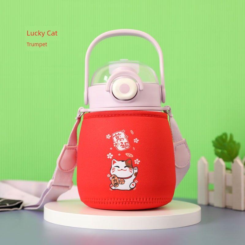 Large Capacity Cup Cover Vanow Costa 900 1200ml Anti-Fall Protective Cover for Large Capacity Thermos Cup Without Handle Red Lucky Cat Small [No Strap]