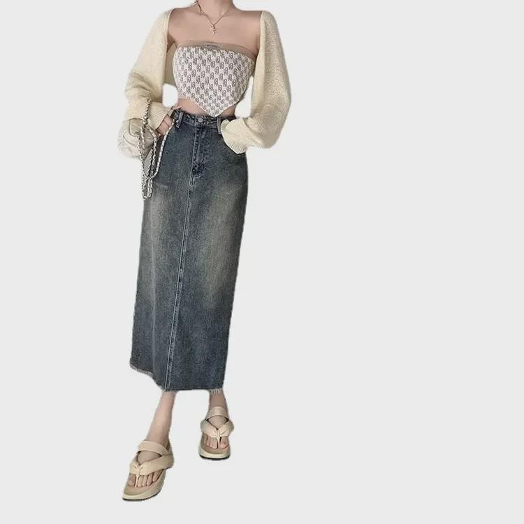 High Waist Elastic Denim A-Line Skirt - Women's Mid-Length Slim Fit Wrap Skirt for Summer