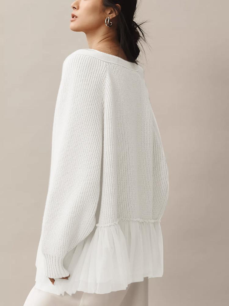 

Мятно-зеленый вязаный свитер с V-образным вырезом и многослойной оборкой из тюля по подолу XL белый