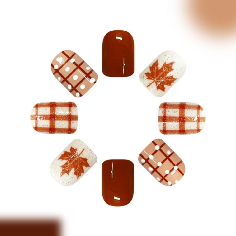 Autumn Theme Press On Nail Short Square 24 Piece Glossy Artificial Nail Set with Brown Plaids, Dot and Maple Leaf Detail for Easy Style Changes